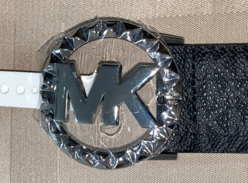 Michael Kors Belt Black With Printed Mk Logo Silver MK Circle Buckle￼ MSRP $68