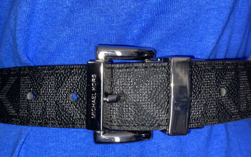 MICHAEL KORS BELT BLACK TO BLACK MK LOGO TWIST REVSESIBLE SILVER BUCKLE MSRP $58