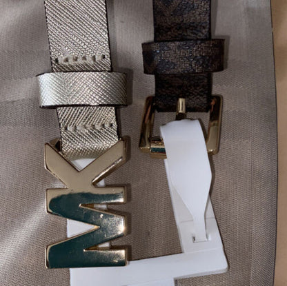 MICHAEL KORS BELT SET CHOCOLATE/METALIC GOLD "SKINNY" MK LOGO GOLD BUCKLES