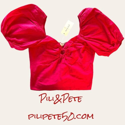 Sim&Sam Bubble Sleeve Crop Top Smocked Back Ring Sweetheart Neckline Size Large