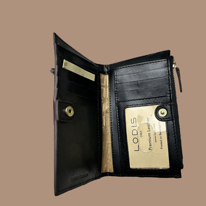 LODIS Ellie Medium Flap Bifold Wallet~ Glaze Leather Genuine~ Black~UNIQUE
