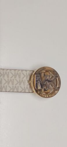 MICHAEL KORS BELT VANILLA/LUGGAGE PRINTED MK LOGO WITH GOLD MK LOGO BUCKLE 2X