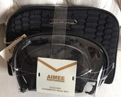 Aimee Kestenberg CHELSEA  3-Piece Set  BLACK QUILT Silver Zipper Cosmetic Bag