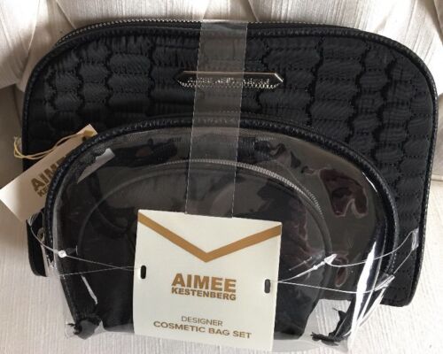 Aimee Kestenberg CHELSEA  3-Piece Set  BLACK QUILT Silver Zipper Cosmetic Bag