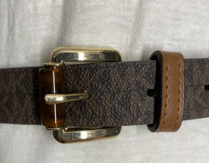 MICHAEL KORS BELT BROWN WITH PRINTED MK LOGO WITH TAN BELT LOOP AND GOLD BUCKLE