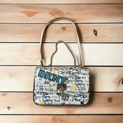 DKNY Women’s CLEO FLAP BAG  XBODY PURSE Multicolor~ GRAFFITI DESIGN~UNIQUE