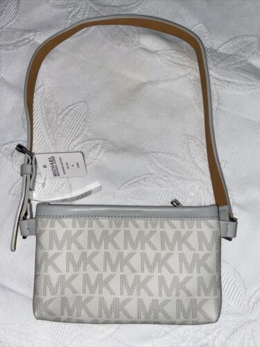 MICHAEL KORS Fanny Pack White Light Gray Edge And Logo Med  Genuine Leather!