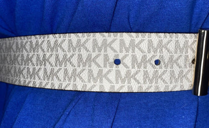 MICHAEL KORS BELT VANILLA/LUGGAGE PRINTED MK LOGO WITH GOLD MK LOGO BUCKLE XL