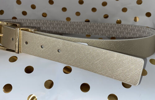MICHAEL KORS WOMEN'S BELT~REVERSIBL WHITE TO METALLIC GOLD MK LOGO W/GOLD BUCKLE