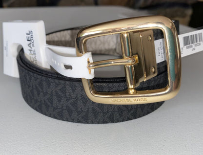 MICHAEL KORS BELT REVERSIBLE VANILLA/BLACK MK LOGO GOLD RECTANGULAR BUCKLE