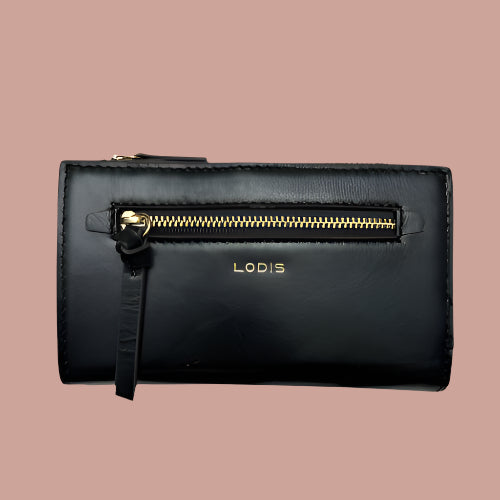 LODIS Ellie Medium Flap Bifold Wallet~ Glaze Leather Genuine~ Black~UNIQUE