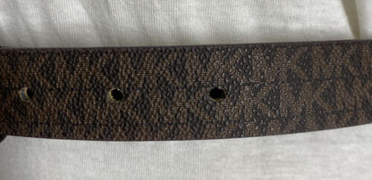 MICHAEL KORS BELT BROWN WITH PRINTED MK LOGO WITH TAN BELT LOOP AND GOLD BUCKLE