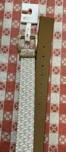 MICHAEL KORS BELT VANILLA MK PRINTED LOGO GOLD BUCKLE MSRP $48 COOL! LARGE