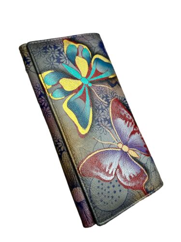 Anna by Anuschka Womens Tri-fold Clutch Wallet - Genuine Leather Hand Painted