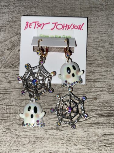 Halloween Betsey Johnson ~ Glow in Dark Ghost Spider Web Mismatch Dangle Earring