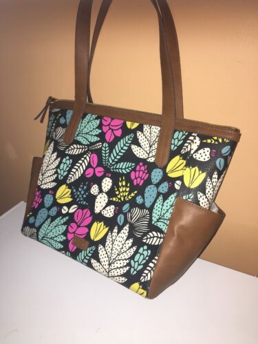 FOSSIL MIMI SHOPPER COATED CANVAS SHOPPER TOTE WITH LEATHER TRIM-Dark Floral