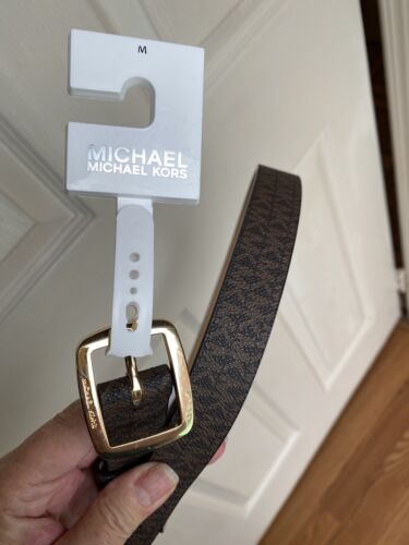 Michael Kors Belt Brown Mini Printed MK Logo Gold Buckle (Skinny) Size Medium