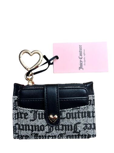 Juicy Couture Pile on Tab Elongated Card Case Bifold~Black Beige~Key Heart Ring