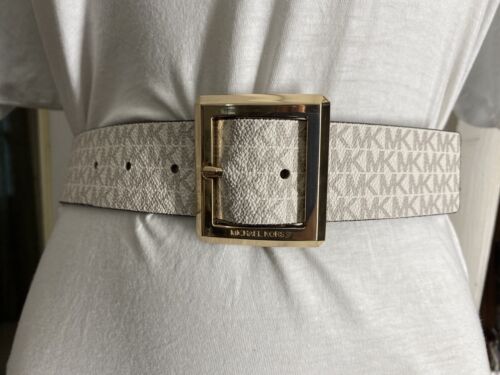 MICHAEL KORS BELT WHITE MK LOGO GOLD BUCKLE SIZE MEDIUM "CLASSY" MSRP $42