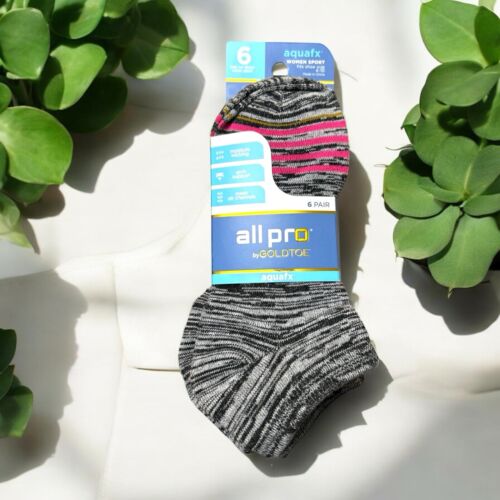 All Pro Gold Toe Aquafx~6 Pairs~Gray Pattern No Show Socks Shoe 4-10~GREAT FIT!