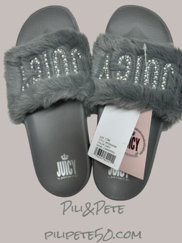 Juicy Couture Women J-Wrapped Faux Fur Slip-On Slide Slipper Shoes Gray WP00649W