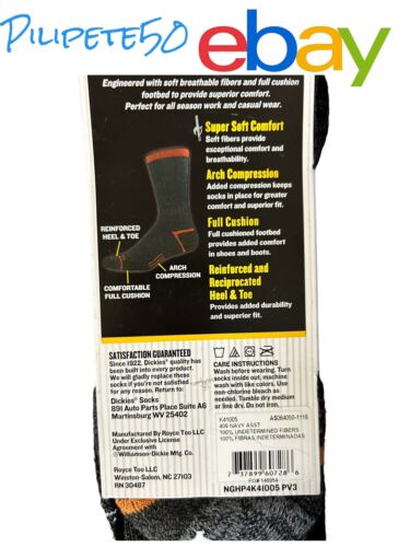 Dickies Comfort Crew Performance Work Socks 4 Pack Mid Weight Men Shoe Size 6-12