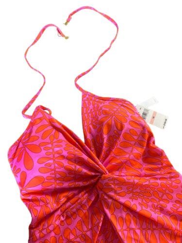Trina Turk Trellis Twist Plunge Maillot~One Piece Swimsuit- Size 10~Pink/Orange