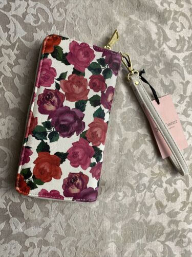 JUICY COUTURE Wallet- Wristlet Zip Around White-Rose Print  Single Zip Large New