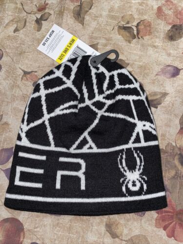 Spyder Jaquard Logo Beanie Hat Cap Black Graphic Ski and Snowboard New MSRP $35