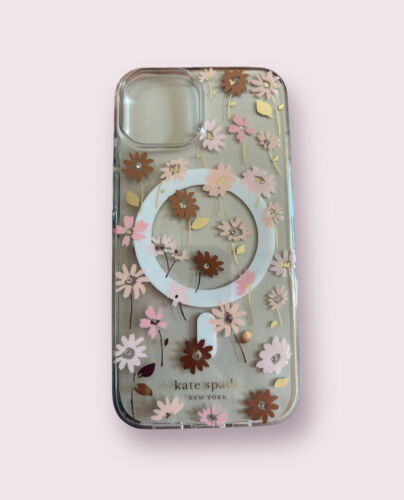 Kate Spade Protective Case~iPhone 13/14~Clear Floral Pink & Gold Leaves~MagSafe