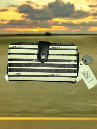 Nautica Wallet Clutch RFID Protection-Black&White Stripes~Bifold Logo-Zip Around
