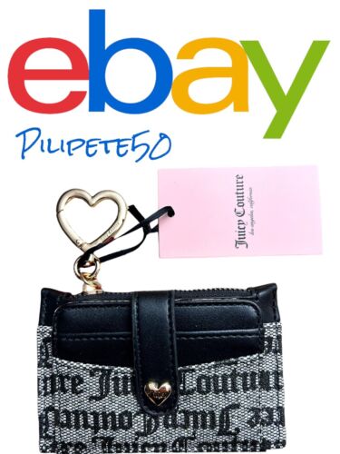 Juicy Couture Pile on Tab Elongated Card Case Bifold~Black Beige~Key Heart Ring