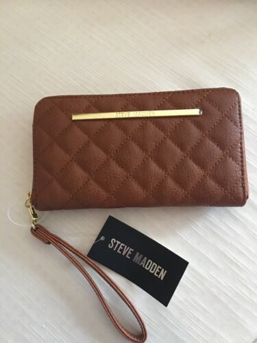 STEVE MADDEN WALLET WRISTLET COGNAC DIAMOND QUILTED SOFT FAUX LEATHER