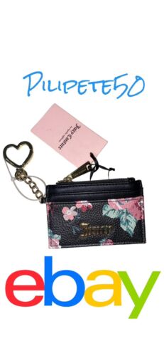 JUICY COUTURE  VINTAGE ROSE BLACK ZIPPERED UP MULTI CARD-CASE KEY RING WALLET