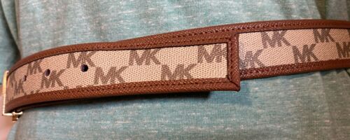 MICHAEL KORS BELT REVERSIBLE CREAM LUGGAGE LEATHER MK LOGO GOLD BUCKLE