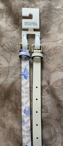 Michael Kors belts 2 For 1 Blue Floral And Cream Gold Buckles MK Logo "Skinny"