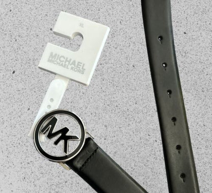 MICHAEL KORS BELT BLACK ROUND MK LOGO SILVER & BLACK BUCKLE~556361C~MSRP $68~ XL