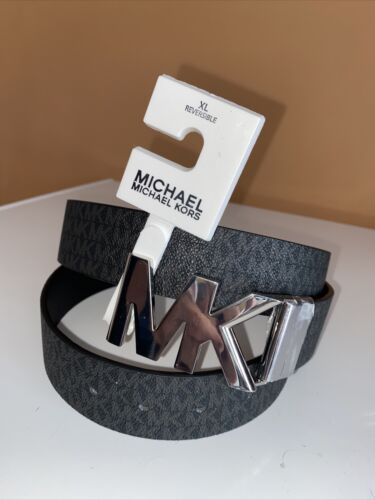 Michael Kors Belt Reversible Black MK Mini Logo To Brown MK Silver Buckle