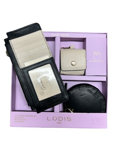 LODIS~ Genuine Leather Card Stacker, Coin Purse & Earbud Case~Beige & Black~CUTE