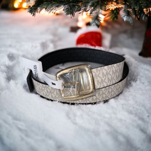 MICHAEL KORS BELT REVERSIBLE VANILLA/BLACK MK LOGO GOLD RECTANGULAR BUCKLE