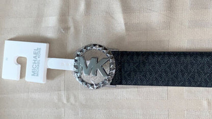 Michael Kors Belt Black With Printed Mk Logo Silver MK Circle Buckle￼ MSRP $68