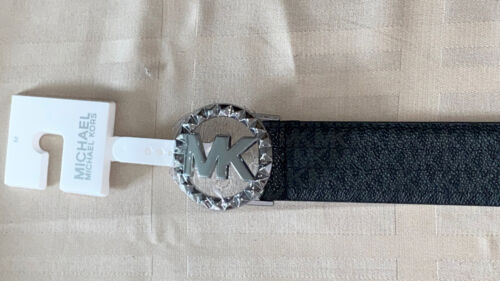 Michael Kors Belt Black With Printed Mk Logo Silver MK Circle Buckle￼ MSRP $68