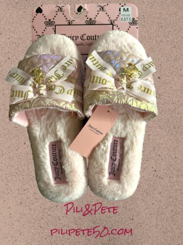 Juicy Couture Pink Faux Fur Slippers~JC-Hasen 3~Size M~Pink/Gold Logo~W105461W