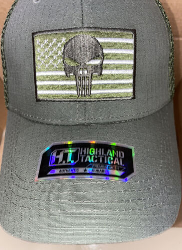 Highland Tactical Hat Khaki Green With US Flag Punisher Logo