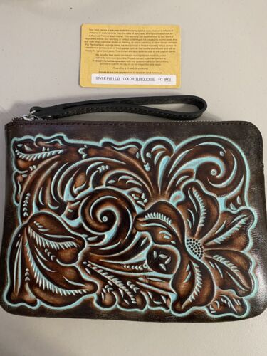 PATRICIA NASH~CASSINI~Leather Wristlet Turquoise TOOLED ~Style P87113~REAR FIND
