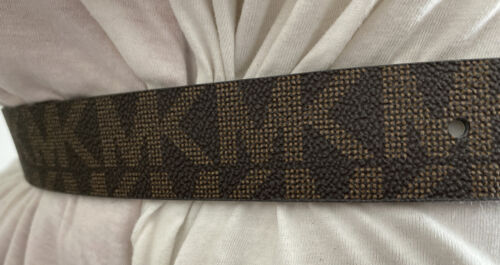 MICHAEL KORS BELT REVERSIBLE CHOCOLATE/VANILLA MK LOGO PRINT GOLD OVAL BUCKLE