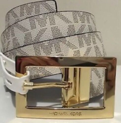 MICHAEL KORS BELT VANILLA/BLACK MK LOGO GOLD RECTANGULAR BUCKLE   MSRP $48