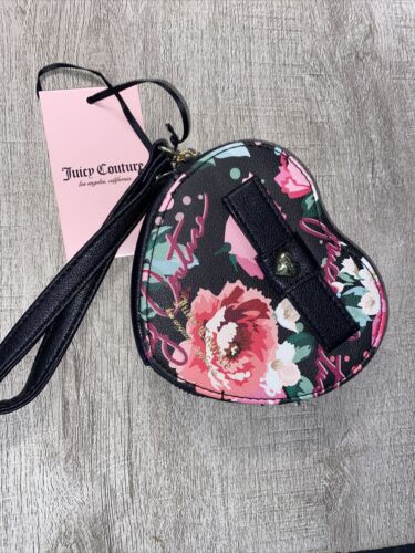 JUICY COUTURE PICK UR PETAL BLACK PEEK A BOW HEART WRISTLET SHAPED COIN PURSE