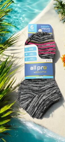 All Pro Gold Toe Aquafx~6 Pairs~Gray Pattern No Show Socks Shoe 4-10~GREAT FIT!