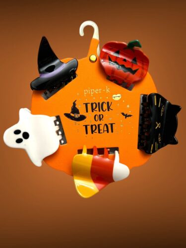 Piper K Set of 5 Mid-Size Halloween Hair Claw Clips Ghost Pumpkin Hat Cat TRICK
